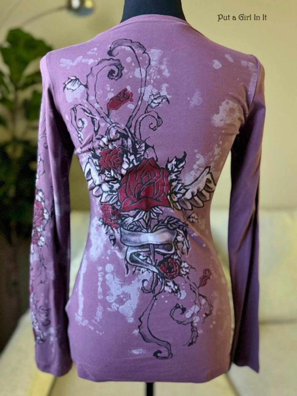 Y2K Vocal Apparel Women's Purple Rose Angel Wings Long Sleeve Shirt S M L XL